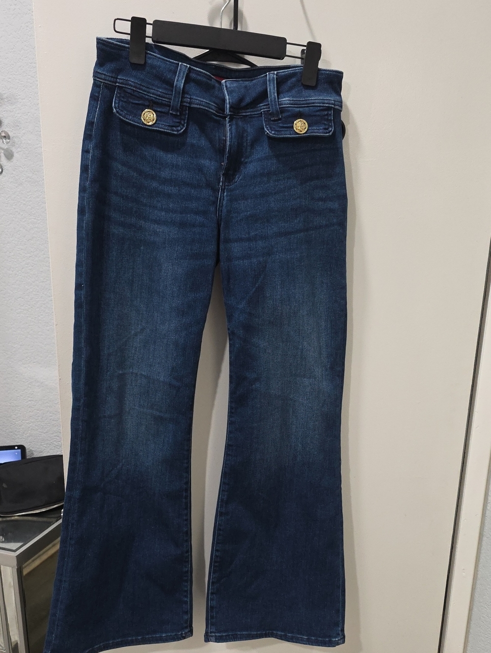 Dark Blue Women's Jeans with Gold Button Detail